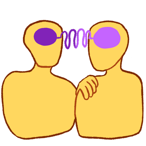   A drawing of two emoji yellow people depicted from the chest up. The one on the left has their hand on the other's shoulder. The person on the left has a dark purple circle in their head, and the person on the right has a light purple circle on theirs. Between the two circles is a very wavy line connecting them in a gradient from dark purple to light purple